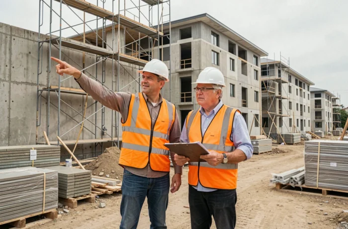 Deux responsables de chantier en veste haute visibilité discutant de l'avancement d'un projet de logements résidentiels