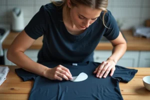 Femme retirant délicatement un flocage thermocollant d'un t-shirt marine avec une spatule en plastique sur une table en bois