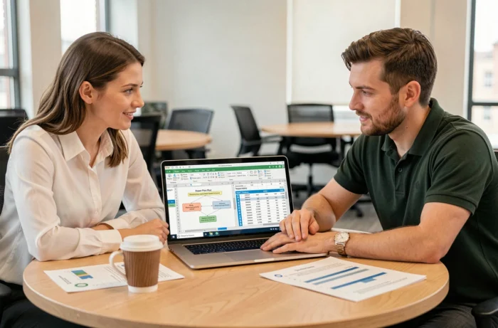 Deux collègues analysant les différences entre Power Pivot et tableau croisé dynamique Excel en réunion