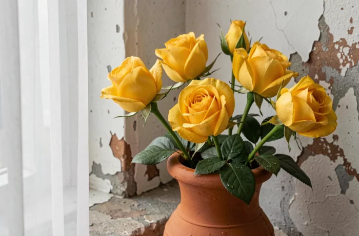 Roses jaunes en boutons dans un vase en terre cuite sur un rebord de fenêtre, illustrant la fleur symbolisant la trahison