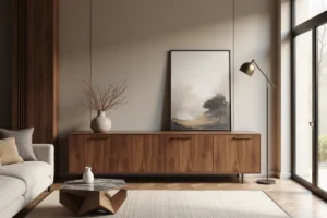 Salon moderne avec meuble buffet en noyer sur mesure et canapé modulable en tissu bouclé dans un intérieur design contemporain