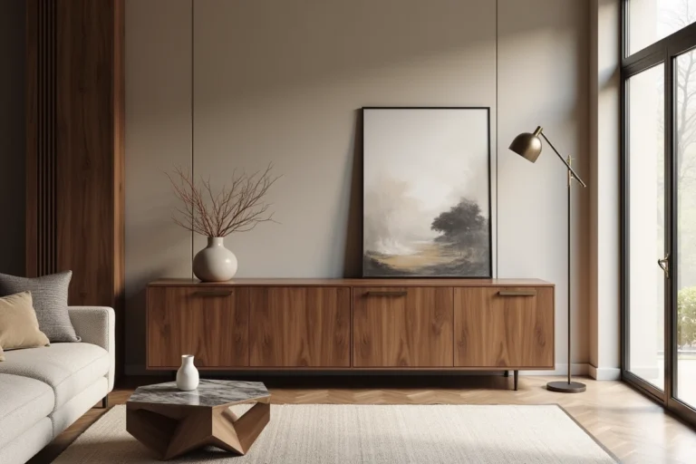 Salon moderne avec meuble buffet en noyer sur mesure et canapé modulable en tissu bouclé dans un intérieur design contemporain