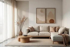 Salon moderne minimaliste avec canapé en lin beige, table basse en chêne et sol en béton poli dans un espace ouvert contemporain