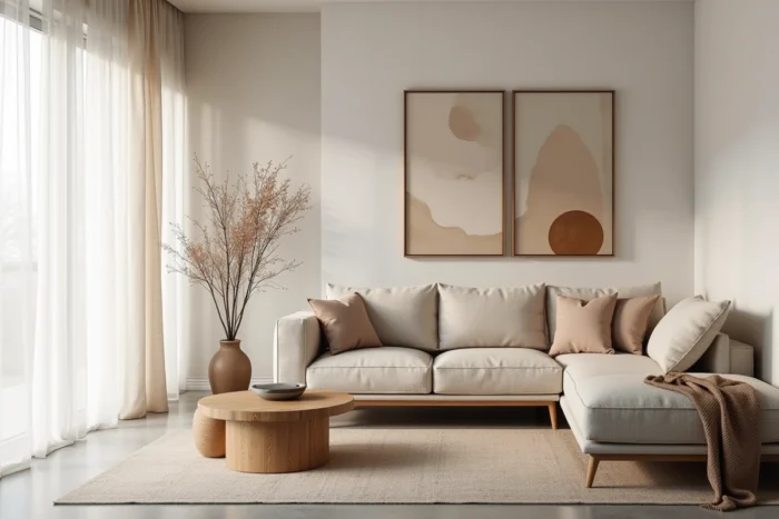 Salon moderne minimaliste avec canapé en lin beige, table basse en chêne et sol en béton poli dans un espace ouvert contemporain