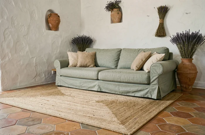 Salon de style provençal avec carrelage tomette ancienne associé à un tapis en jute, canapé lin vert sauge et murs en plâtre blanchi à la chaux