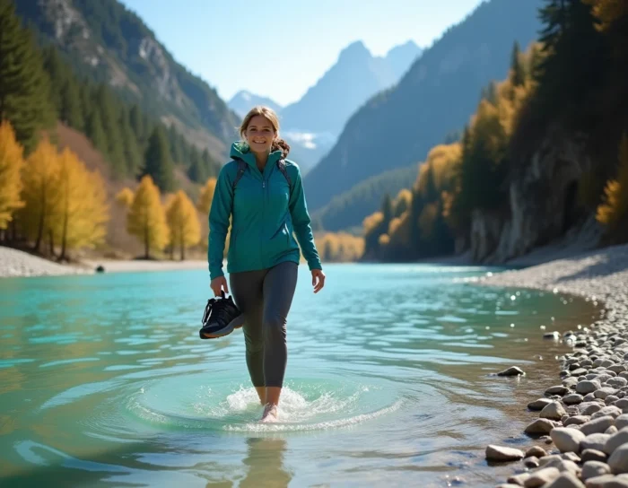 Une randonneuse traversant à gué la rivière Soča aux eaux émeraude en Slovénie, dans la vallée encadrée par les Alpes juliennes