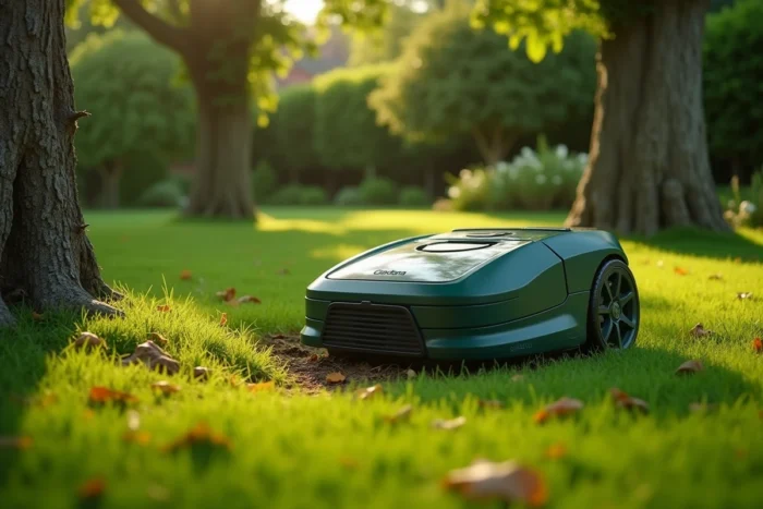 Tondeuse robot Gardena Sileno sur sa station de recharge au bord d'une pelouse de jardin