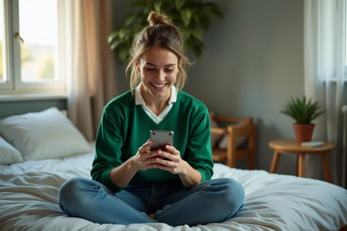 Femme regardant un match de rugby en streaming sur smartphone dans sa chambre