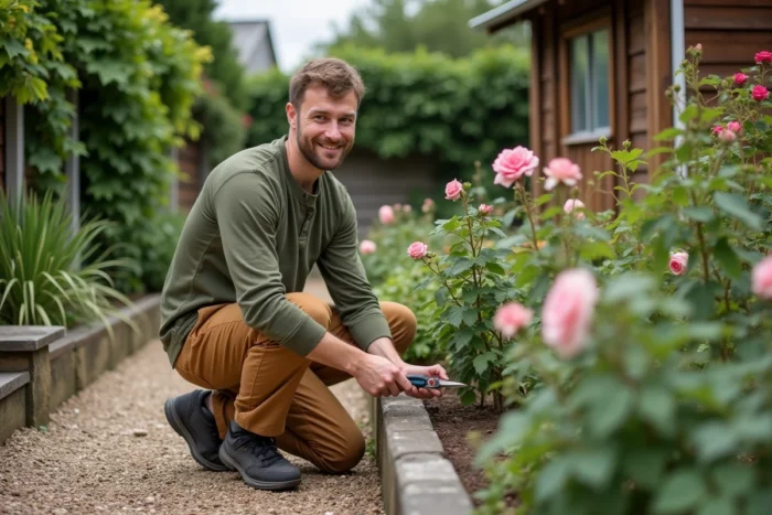 Homme taillant un rosier en fleurs dans un jardin soigné avec une allée en gravier et un cabanon en bois