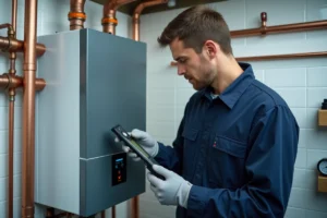 Technicien inspectant une chaudière gaz à condensation moderne dans une chaufferie intérieure