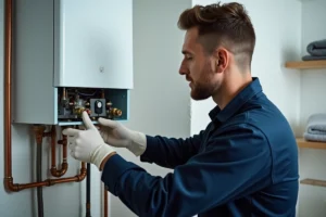 Technicien en combinaison bleue inspectant les composants internes d'une chaudière gaz murale dans une buanderie domestique
