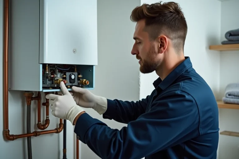 Technicien en combinaison bleue inspectant les composants internes d'une chaudière gaz murale dans une buanderie domestique