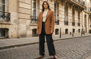 Femme élégante portant un blazer camel oversize et un pantalon large dans une rue pavée parisienne, tendances mode automne