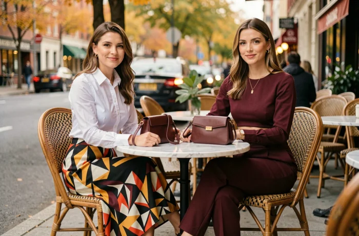 Deux femmes élégamment habillées selon les dernières tendances mode assises en terrasse de café parisien, jupe midi imprimée et co-ord bordeaux