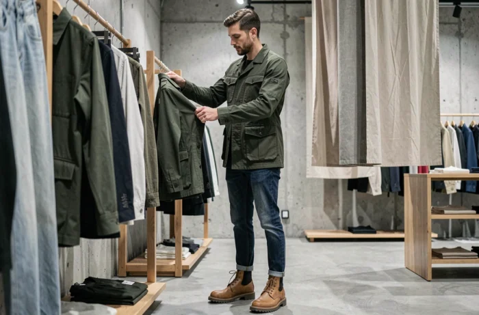 Homme en veste utilitaire verte explorant les nouveautés mode dans un concept store minimaliste, tendances mode masculine saison