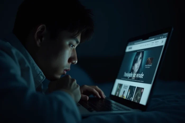 Un homme lisant du manga sur son ordinateur portable la nuit dans sa chambre sombre, avec le thème sombre activé sur le site de lecture