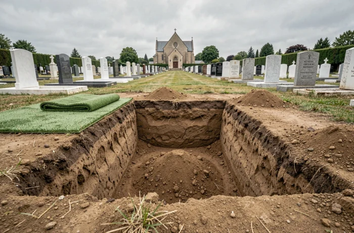 Tombe fraîchement creusée dans un cimetière municipal français avec des rangées de pierres tombales en arrière-plan