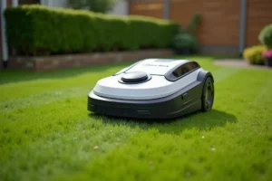 Tondeuse robot Gardena Sileno en action sur une pelouse résidentielle bien entretenue