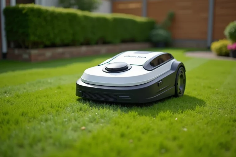 Tondeuse robot Gardena Sileno en action sur une pelouse résidentielle bien entretenue