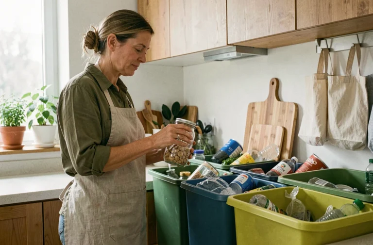 Femme qui trie des matériaux recyclables dans une cuisine moderne et écologique avec des éléments en bois naturel et des herbes aromatiques en pot