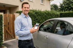 Homme vendant sa voiture d'occasion en ligne depuis son domicile avec un smartphone