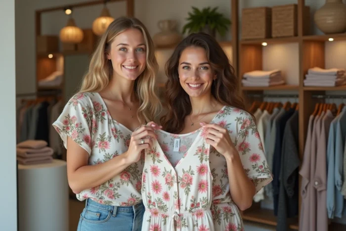 Deux femmes en boutique vérifiant l'étiquette de taille d'une robe Grain de Malice avant l'achat
