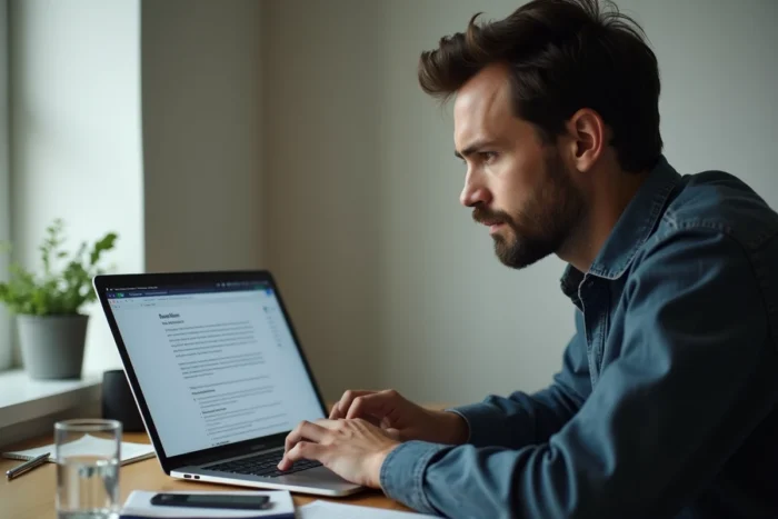 Un homme lisant attentivement les mentions légales et informations d'un site de manga sur son ordinateur portable pour vérifier sa légalité