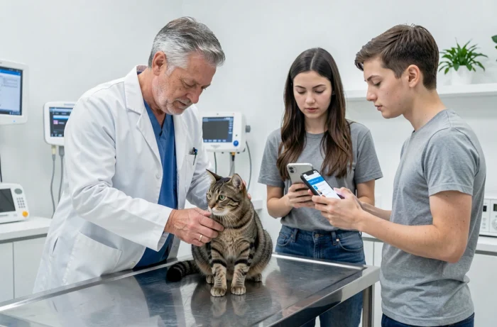 Vétérinaire examinant un chat en présence de ses propriétaires consultant une application de comparaison d'assurance animaux