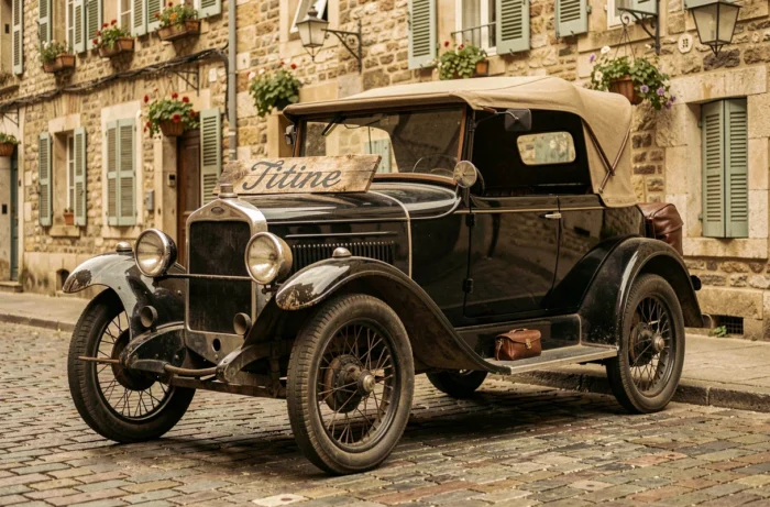 Ancienne automobile française des années 1920 surnommée Titine garée sur des pavés dans un village européen vintage