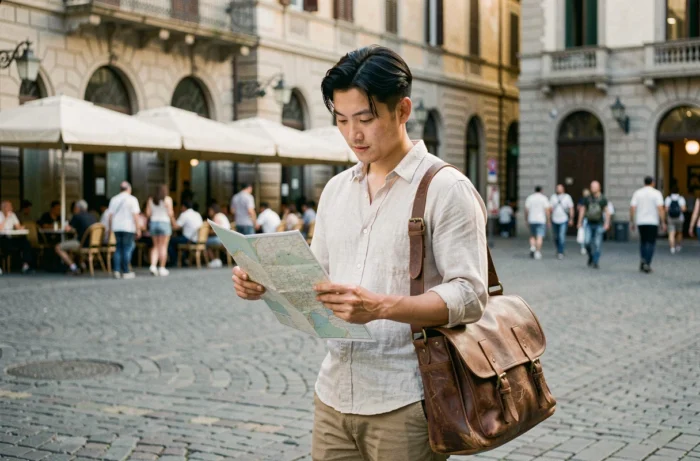 Voyageur asiatique consultant une carte dans une place historique européenne en pavés avec terrasses de café en arrière-plan