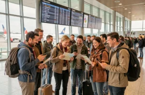 Groupe de voyageurs internationaux de différentes nationalités dans un aéroport international avec bagages et tableau des départs