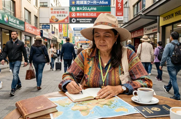 Femme voyageuse latino-américaine écrivant dans un journal de voyage dans un café international avec carte du monde et passeport sur la table